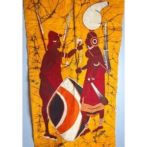 Vintage Signed African Batik Wall Textile – Hand Painted Tribal Drum Scene